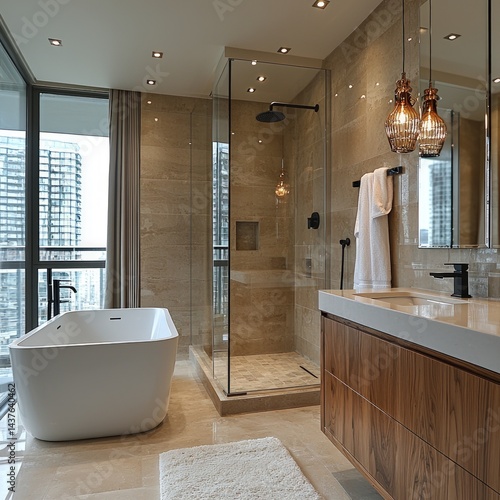 Modern bathroom interior with bathtub shower vanity and large window.