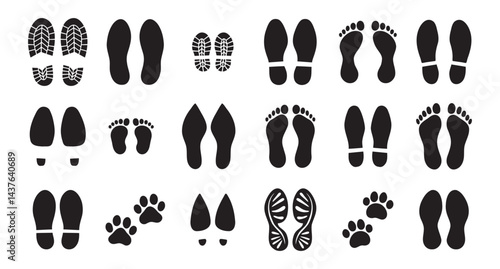 Human bare walk footprints shoes and shoe sole Kids feet vector set. footsteps icon or sign for print, trail Walking footstep and footprint follow route sale