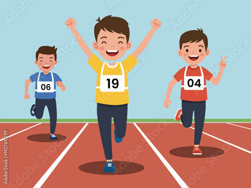 children dash across the stadium track boy crossing the finish line thrilling kids racing competition sport runner running