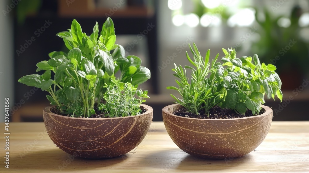 Fresh Herbs in Wooden Bowls on Table Surrounded by Natural Light Fresh Herbs in Wooden Bowls on Table Surrounded by Natural Light