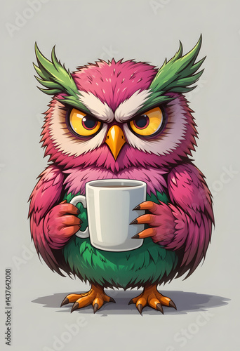 Grumpy cartoon owl illustration, vibrant pink and green feathers, holding morning brew coffee, fierce yellow eyes, orange beak, fluffy texture, bright colors, digital illustration clipart