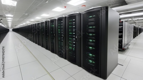 Rows of Server Racks in a Modern Data Center with Illuminated Indicators and Cable Management