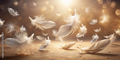 Delicate White Feathers Floating, Soft Beige Background - Elegant Low Light Photography