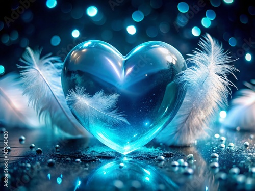Ethereal Night: Glowing Blue Heart with White Feathers