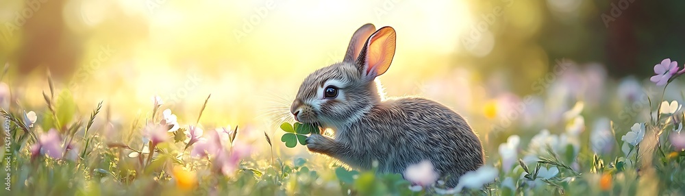 Obraz premium A bunny eats clover in a meadow filled with flowers during a bright sunny day