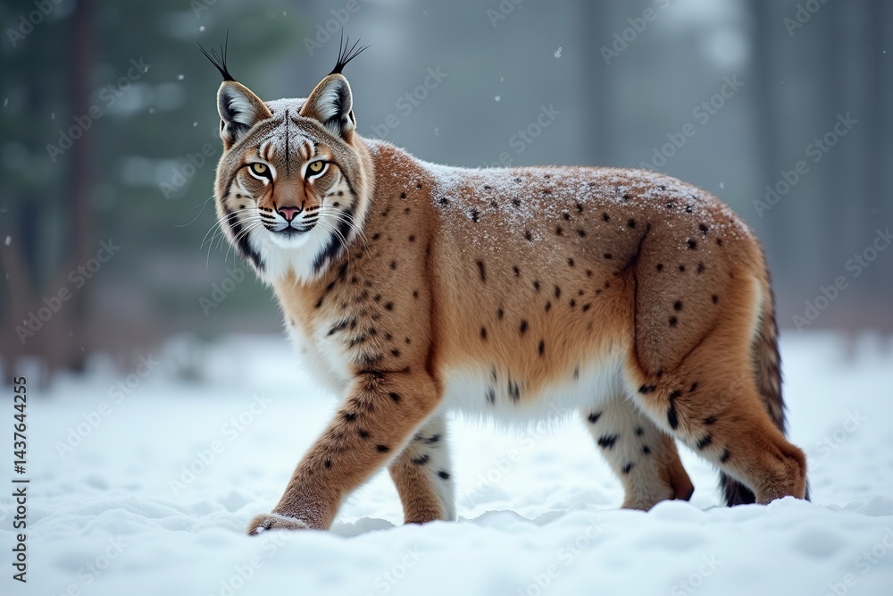 Fototapeta premium Eurasian lynx gracefully walking snowy landscape