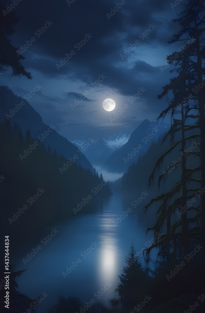 Fototapeta premium A scenic mountain landscape bathed in the soft morning light of sunrise, with mist gently rising from the forest below the majestic Alps