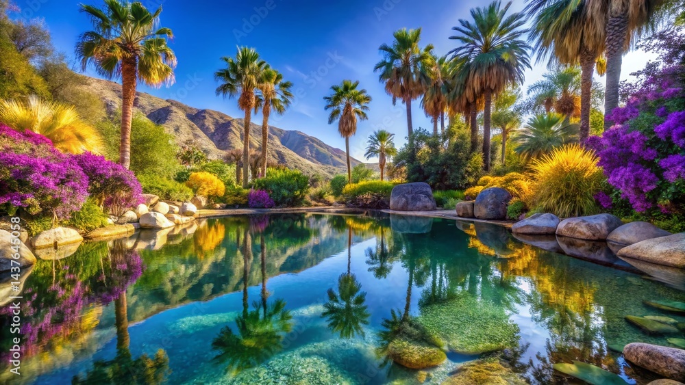 Serene Oasis: Lush Tropical Paradise with Crystal Clear Pool and Vibrant Flora