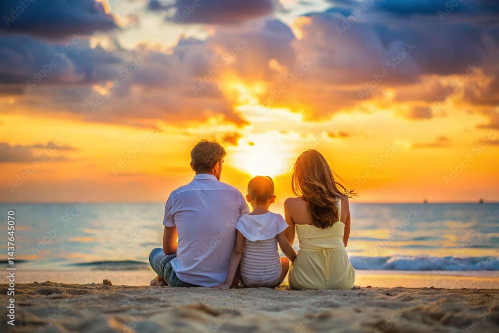 Silhouette Family Beach Sunset: Loving Parents & Child Embrace on White Sand