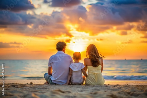 Obraz na płótnie Silhouette Family Beach Sunset: Loving Parents & Child Embrace on White Sand w salonie