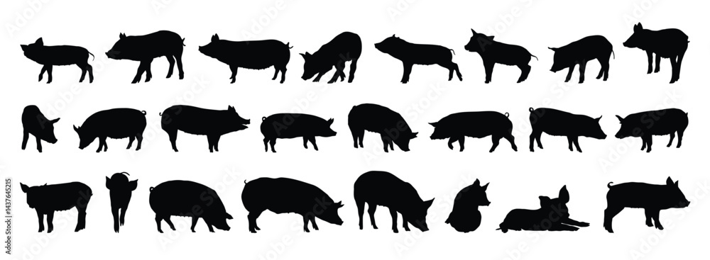 Naklejka premium pig and piglet silhouette set. pig and piglet isolated farm animal silhouette icon vector collection