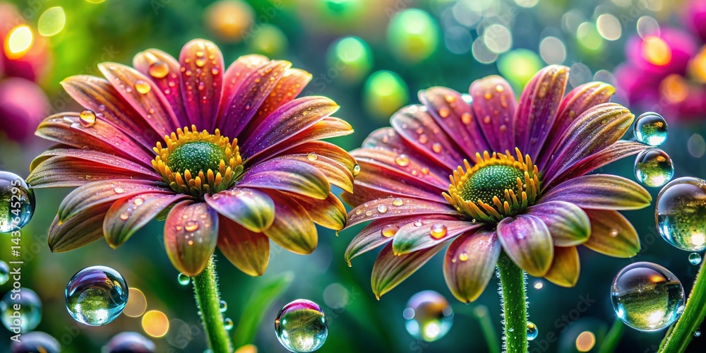 Sparkling Dew Drops on Vibrant Flowers: Double Exposure Nature Photography
