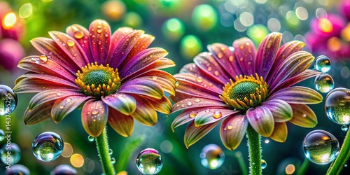 Obraz na płótnie Sparkling Dew Drops on Vibrant Flowers: Double Exposure Nature Photography w salonie