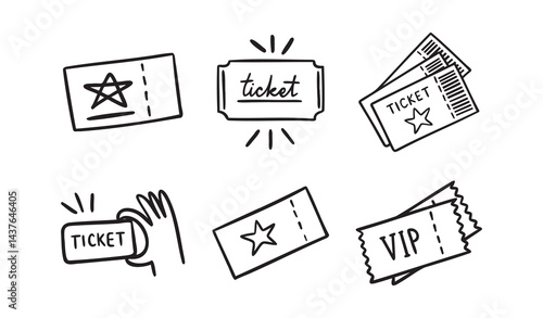  ticket with star and vip ticket doodle hand drawn icon set. Outline drawing ticket with star and vip ticket line clipart symbol collection