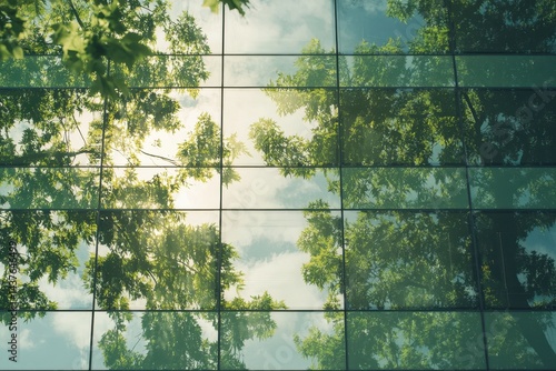 Lush greenery reflected in modern glass facade