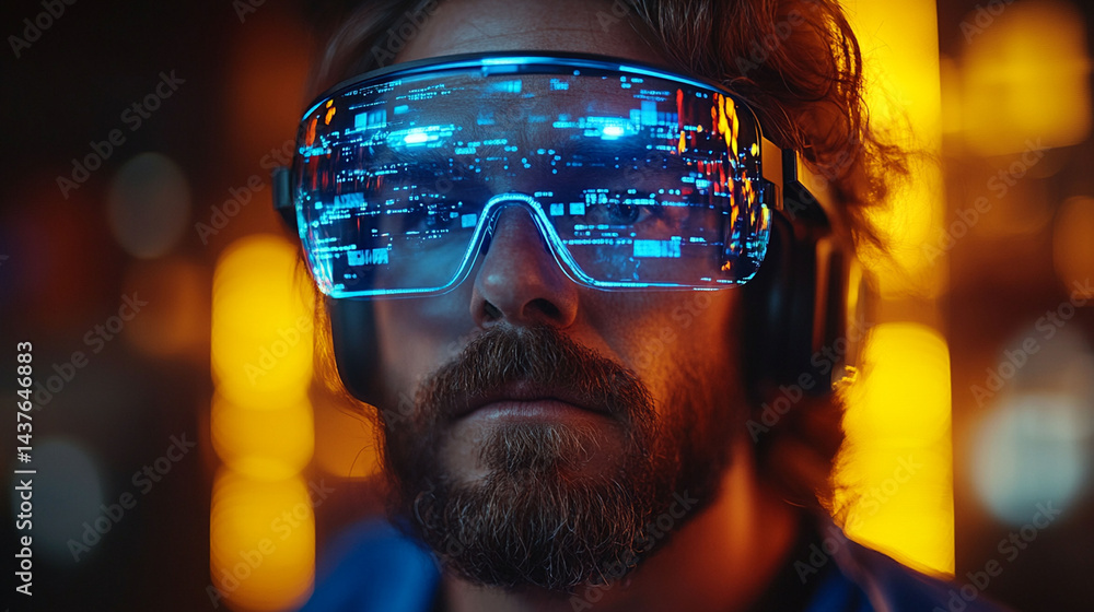 Focused man wearing futuristic glasses with digital display overlay at night. Focused man wearing futuristic glasses with digital display overlay at night.