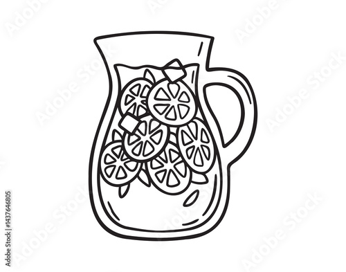 glass jug with lemonade. fresh lemon drink icon doodle hand drawn. Outline lemonade line drawing clipart symbol
