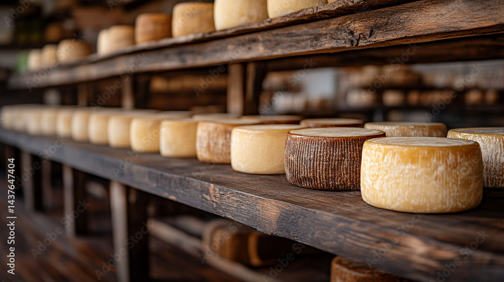 Fototapeta premium Wooden shelves filled with various round cheeses, artisanal cheeses, aged in a traditional cheese cellar.