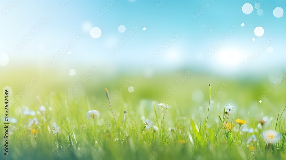Fototapeta premium A field of grass with a few flowers in it