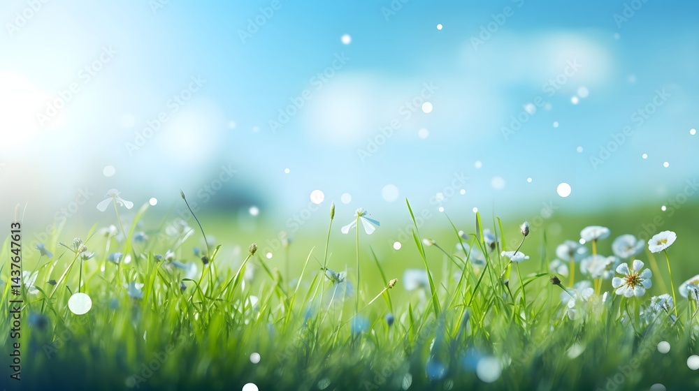 Obraz premium A field of grass with a few flowers in it