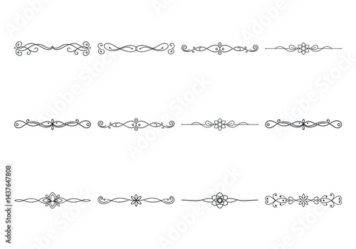 Text delimiters and scroll elements, Graphic underline elements, Vintage divider, vector illustration border