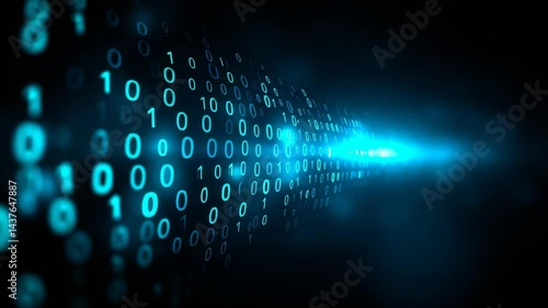 Abstract blue digital stream of binary code flowing in perspective, conceptual data technology background illustration