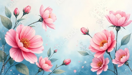 Delicate watercolor floral design, pastel hues , leaves, repeat pattern