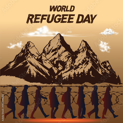 World refugee day background with people walking seek for home
