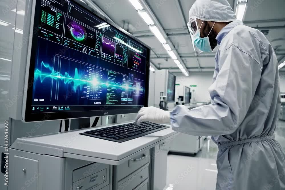 A factory for producing semiconductors that is completely sterile and its worker A factory for producing semiconductors that is completely sterile and its worker