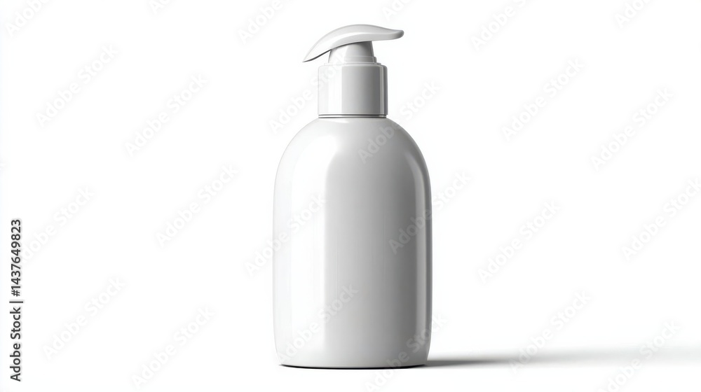 White plastic pump bottle standing on a clean surface with soft shadows, ideal for product display White plastic pump bottle standing on a clean surface with soft shadows, ideal for product display