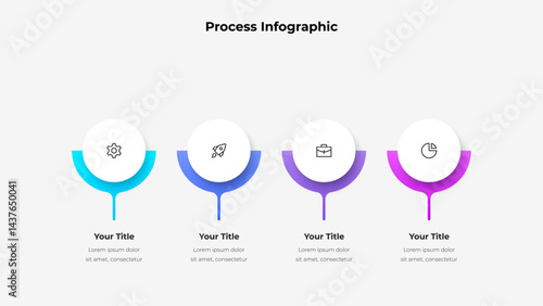 Modern infographic with four color stages featuring icons, captions, and descriptions. Perfect for business, progress tracking, and presentations with a sleek, professional layout
