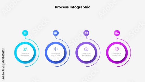 Vászonkép Colorful infographic featuring a four step process design, each step highlighted with gradient circles and relevant icons