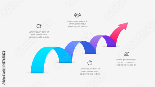 Colorful infographic depicting a rising arrow vector overlayed with business related icons representing growth and success strategies for corporate goals