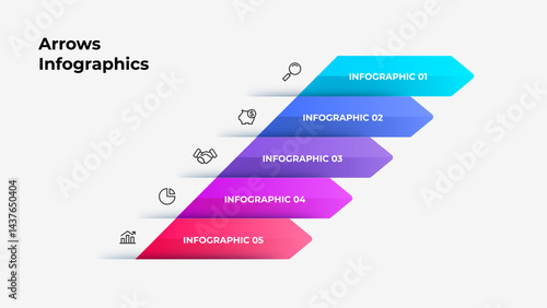 Arrow infographic design with gradient- colored layers, labeled sections, and icons emphasizing data flow and organizational hierarchy. Perfect for business presentations and data analysis