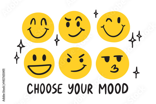 Vintage retro hand drawn crayon smiley face illustration print with slogan choose your mood for graphic t shirt, poster or sticker 