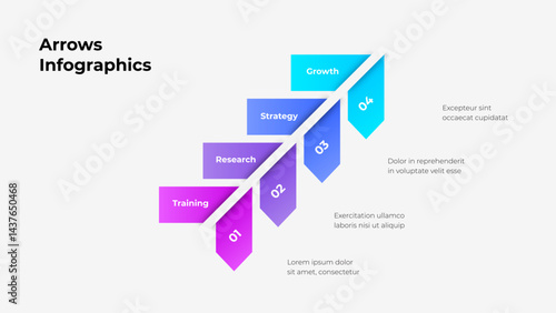 Illustration depicting a sequential arrow infographic with four steps symbolizing growth, research, strategy, and training. Ideal for depicting process flow and strategy development