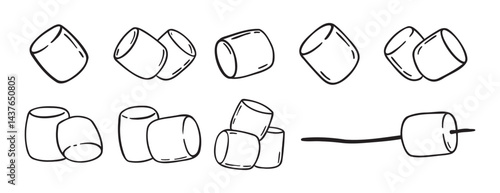 Marshmallows doodle hand drawn icon set. Outline drawing marshmallow line clipart symbol collection
