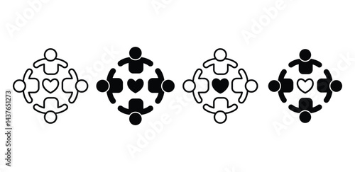 Unity Icons People Forming a Circle Around a Heart Black and White Color Vector Design Illustration
