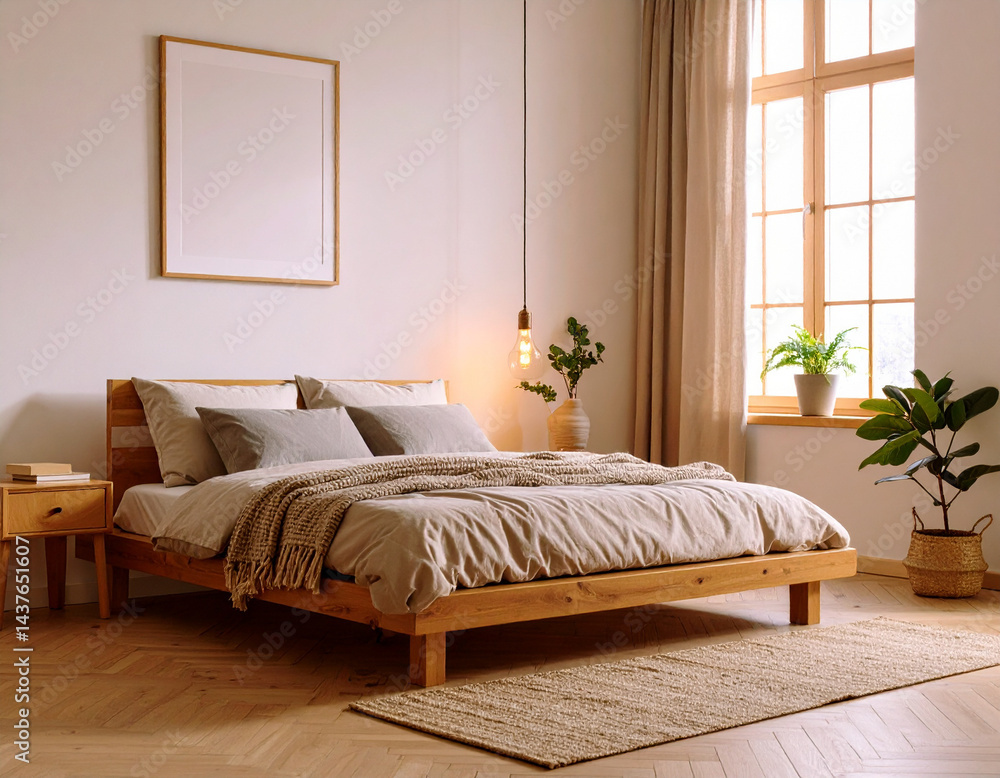 Fototapeta premium Japandi Style Minimalist Bedroom Interior Design Photo