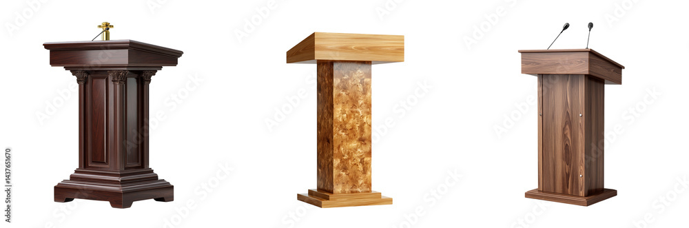Three distinct podiums showcase varied designs and materials, suitable for formal events, public speaking, or educational presentations in diverse settings Three distinct podiums showcase varied designs and materials, suitable for formal events, public speaking, or educational presentations in diverse settings