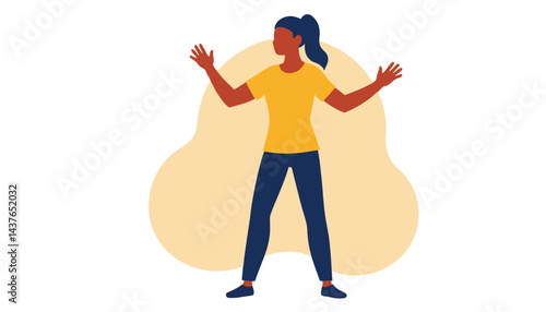 Woman stretching joyfully against a colorful abstract background  