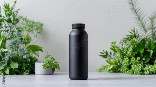 Black Water Bottle Lush Greenery Minimalist Style High-Resolution Studio Lighting Center Shot Matte Finish Hydration Product Green Foliage Neutral Tones Perfect for Branding