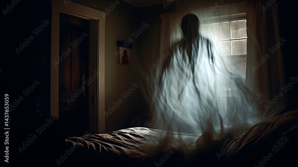 A ghostly figure is seen in a bedroom with a window A ghostly figure is seen in a bedroom with a window