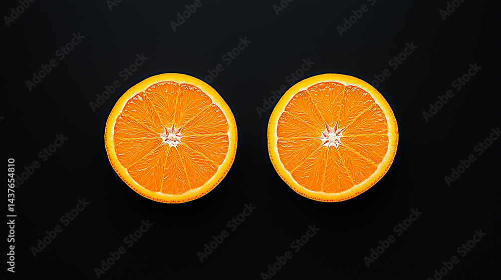 Fototapeta premium Orange Halves: Two vibrant orange halves against a dark background, creating a stark contrast that highlights the fruit's vivid color and juicy texture.