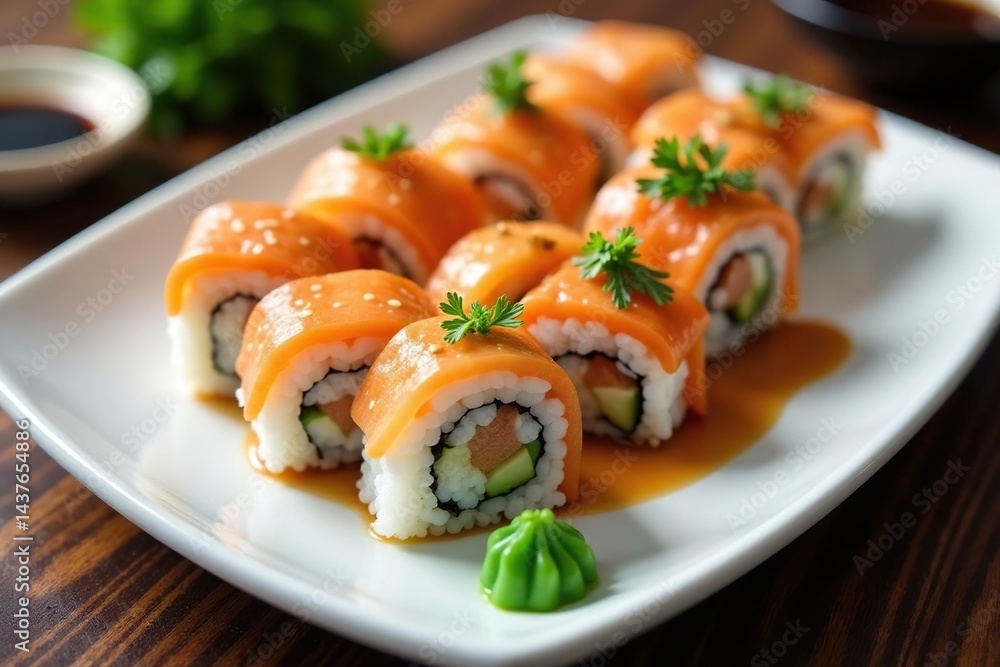 Various sushi rolls on a white plate, soy sauce, wasabi, sauce, meal Various sushi rolls on a white plate, soy sauce, wasabi, sauce, meal