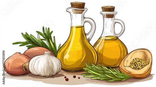 Fresh Ingredients for Cooking with Olive Oil, Garlic, and Herbs on a Kitchen Table