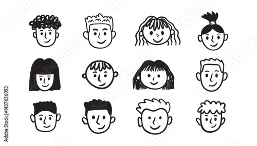 Kids faces portraits set. freehand kids pencil drawing elements. Comic child funny doodle faces set.