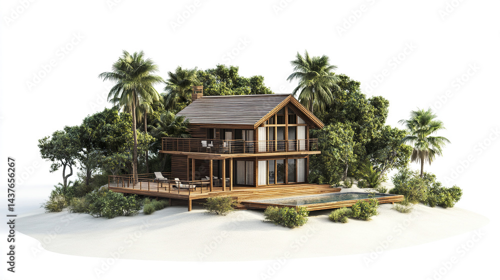 Fototapeta premium beautiful vacation home surrounded by lush greenery and palm trees, perfect for relaxation