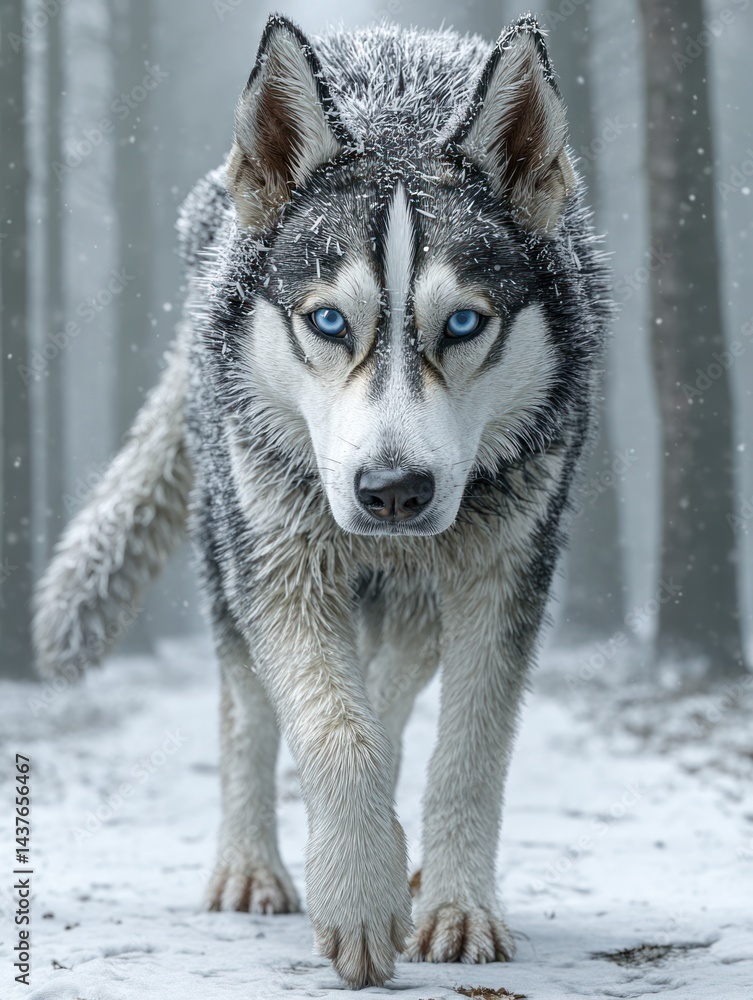 Naklejka premium Intense Gaze of a Snow-Covered Husky Walking Through a Winter Forest