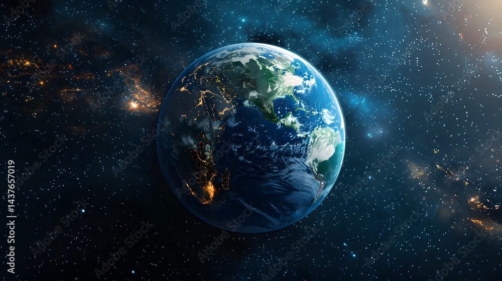 A large blue and green planet in the middle of a dark sky A large blue and green planet in the middle of a dark sky